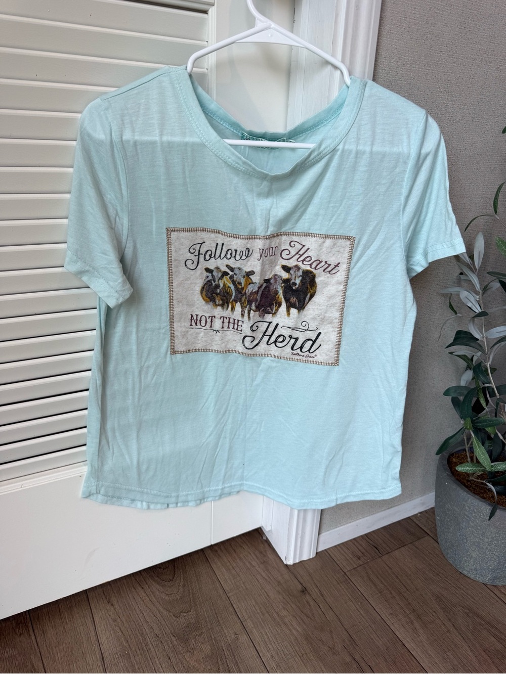 Southern Grace Light Blue Graphic Tee with Cow Print